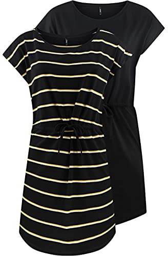 ONLY - Mini abito estivo da donna, confezione da 2 pezzi, taglie XS, S, M, L, XL, XXL, a righe, colore nero, 100% cotone, Black Double York Yellow, M
