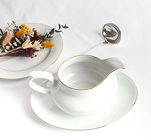 Franquihogar - Salsera para salsas de porcelana blanca con filo de oro 350 mL para servir aperitivos y decoración y bandeja pequeña de aperitivos a juego | BREMEN