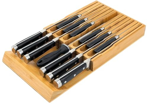VaeFae Bamboo Knife Drawer Organizer, Knife Drawer Organizer Insert, Kitchen Drawer Knife Block for 12 Knives and a PLUS Slot for your Knife Sharpener (Without Knives)