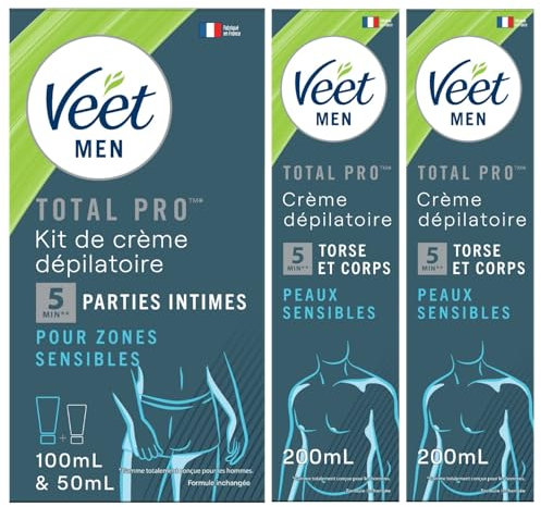 Veet Men - Set di 1 set di epilazione per parti intime, crema depilatoria, 100 ml e balsamo da 50 ml, 2 creme depilatorie peali sensibili da 200 ml