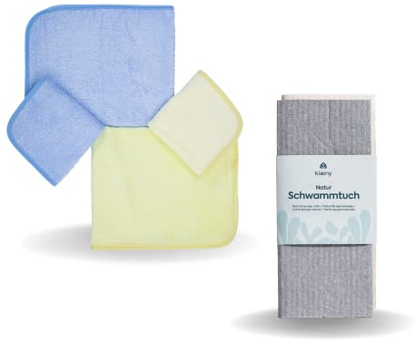 Ko&Pro XXL 100% Bambus Tücher 4er Set in 2 Größen + 2X Klaeny Naturschwammtücher | Mehrzweck-Reinigungstücher für Hochglanz-Küchen, Bad, Küche | Streifenfreie Fenster Reinigung + DIY-Rezeptesammlung