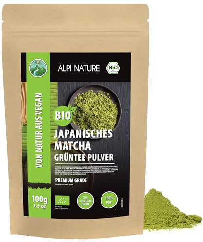 Alpi Nature EKOLOGISKT Matcha-pulver från Japan 100g grönt te premiumkvalitet, japanskt matcha-tepulver från kontrollerad organisk odling, 100% naturlig, fri från tillsatser, gluten och laktos, vegan