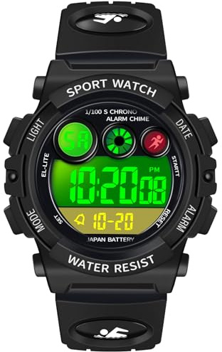 Dayllon Kids Digital Watch,Boys Digital Outdoor Sport Waterproof Watch,with Calendar 12/24H Alarm 7 Colorful Backlight Stopwatch Wristwatch for 3-15 Years Old-Black