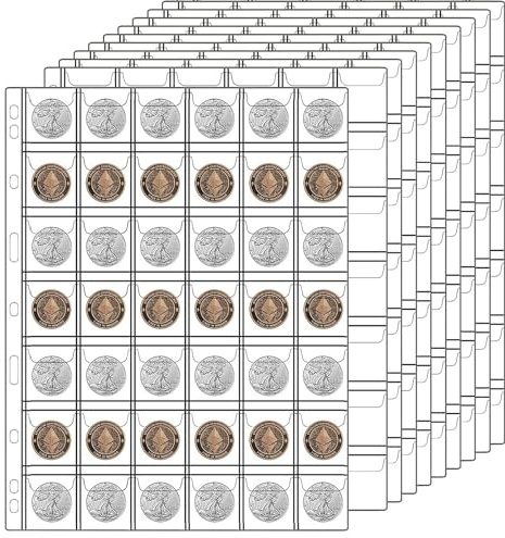 10 Sheets Coin Collection Pages, Coins Pocket Page with 420 Pockets, Coin Binder Inserts Sleeves with Standard 9 Hole for Coin Album. Storage Holder for Currency, Stamp and Other Supplies (42-Pocket)