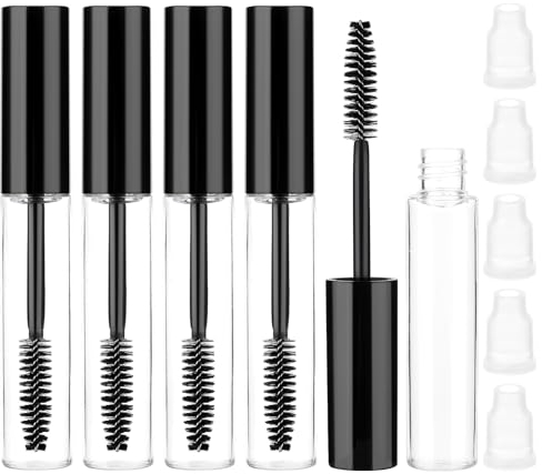 5 Stück Leere Mascara Tube 10ml Nachfüllbare Mascara Flasche mit Wimpernbürste Transparente Kunststoff Behälterflasche Röhre mit Innenstopfen zur Vermeidung von Auslaufen (Schwarz)