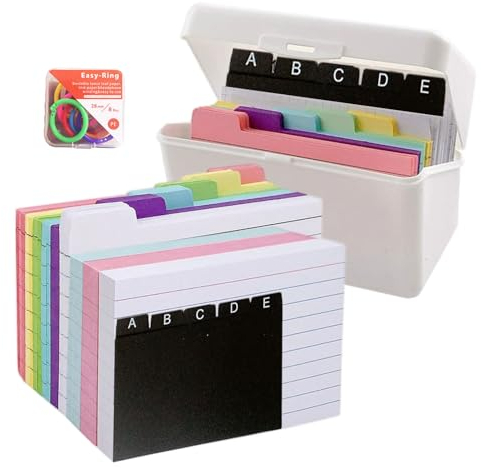 FYting Karteikartenbox,Karteikasten A7,Karteikarten Box,150 Karteikarten + 150 Farbiges Futter mit 8 Buchringe,Lernkarten Box für Unterwegs, Lernnotizen, Rezepte Oder Lernkarten (Weiß)