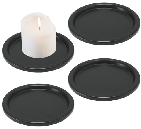 Black Iron Plate Candle Holder-Candle Plate for Pillar Candles, Elegant Decorative Candle Stand for LED & Wax Candles, Incense Cones, Spa, Weddings (4 pcs) 3.8 D x 0.2 H