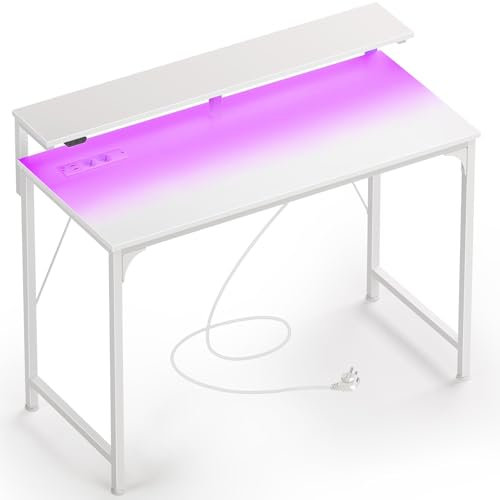 Rolanstar Schreibtisch mit LED, Steckdosen, Computertisch mit Monitorablage, Eckschreibtisch für Schlafzimmer Arbeitszimmer Büro, perfekt für Studenten Kinder Erwachsene, Weiß, 100 cm