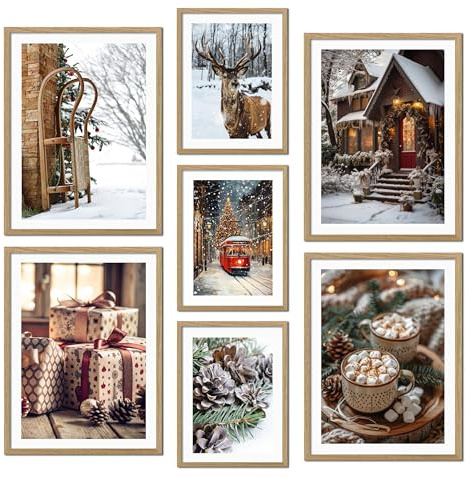 ag.art deco Juego de 7 Cuadros con Marco de Madera | Laminas Decorativas Pared | Posters para Pared | Decoración Mural para Salón y Dormitorio | Decoracion Habitacion (Conjunto de Navidad)
