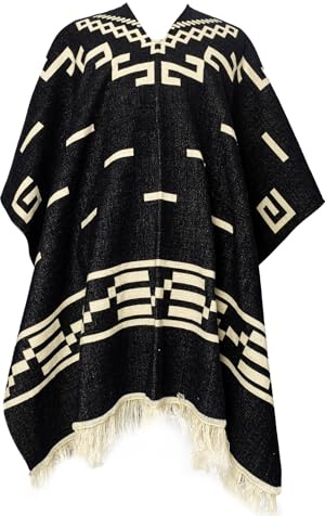 Poncho en alpaga style occidental Clint Eastwood géométrique andin fait main artisanal équatorien doux et chaud, noir, taille unique