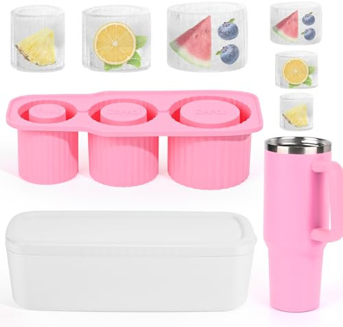 Bac à Glacon pour Stanley Cup, Banaone 3 en 1 Moule à Glace en Silicone pour Gobelets de 20 à 40 Oz, Réutilisable Glacons Moule pour Cocktails, Whisky, Café et Jus de Fruits, Sans BPA (Rose)