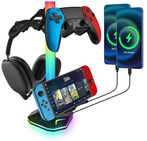Soporte para auriculares para videojuegos, soporte para auriculares RGB, soporte para auriculares con 10 modos de luz, transferencia de datos USB tipo C y carga de conexión de dispositivos, adecuado