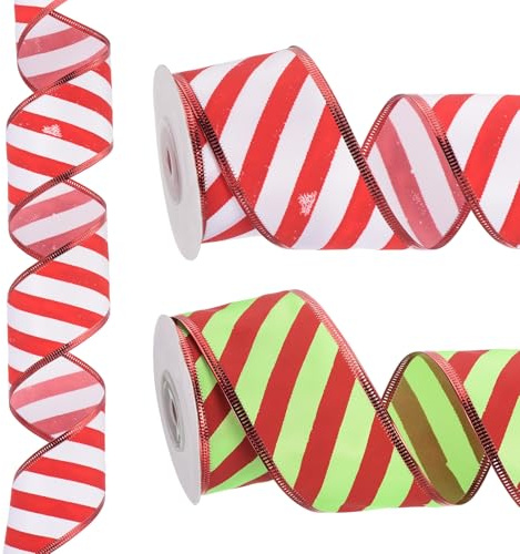 PATIKIL 20 meter x 5 cm randigt band, trådbundet presentförpackningsband satin för julhantverk födelsedag bröllop festival krans, röd vit/röd grön