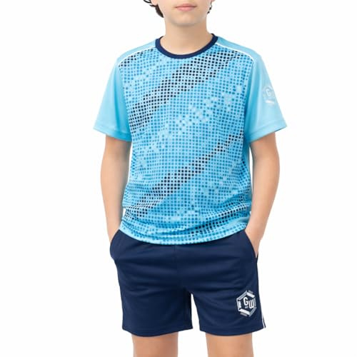 ALPHADVENTURE - Set sportivo per bambini, tuta da 2 pezzi, set maglietta a maniche corte e pantaloncini sportivi - taglie dai 6 ai 14 anni, NEON TURQUOISE / NAVY, 12 anni