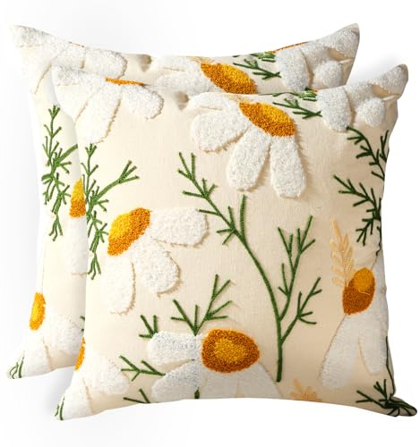 Kokaaee Embroidered Throw Pillow Covers 18x18 Inch - Set of 2 Summer Decorative Pillow Covers with Zipper Aesthetic Cute Design Throw Pillowcases for Couch Sofa Bed, Daisy