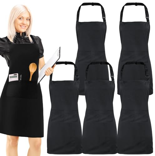 GOMETY Grembiuli da cucina regolabili per uomo e donna impermeabili e regolabili, grembiuli da lavoro unisex, grembiuli neri personalizzati per catering, chef e parrucchieri, confezione da 5