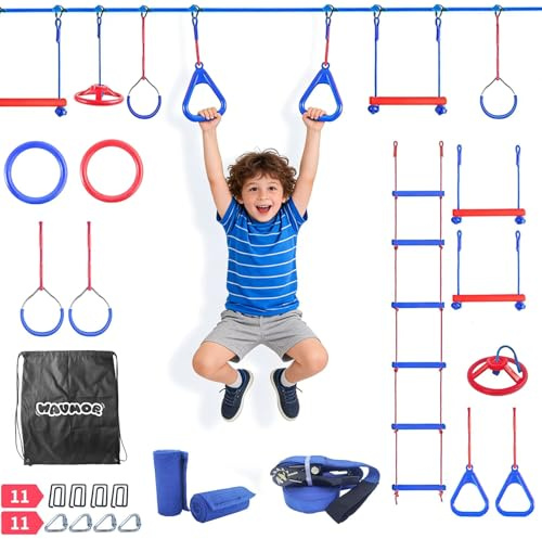 Wavmor Ninja Warrior Obstacle Course for Kids Backyard-1×50ft Slackline Kit with 10 Most Complete Accessories for Boys & Girls, Rope Ladder, Gymnastic Ring, Arm Trainer and Monkey Fist