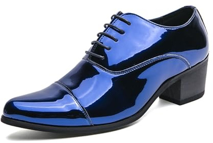 Zapatos de vestir con puntera puntiaguda para hombre, zapatos de negocios con tacón alto, charol y cordones, zapatos Derby Oxford, color negro, Blue, 39 2/3 EU