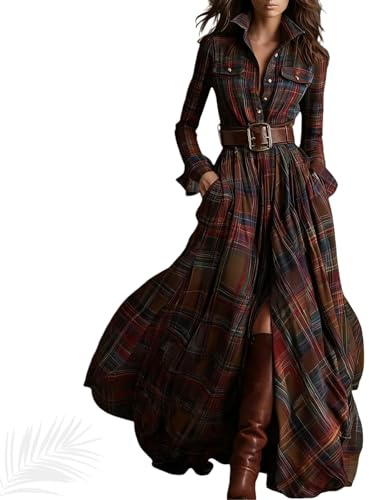 Maxi abito da donna a maniche lunghe, con bottoni sul davanti, scollo a V, risvolto e bottoni, orlo asimmetrico, a quadri, maxi abito a camicia, Rosso, M