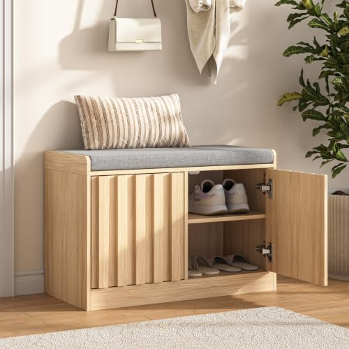 UEV Shoe Storage Bench with Cushion Seat, Wooden Slat Shoe Cabinet with Doors & Shelves, Entryway Hallway Storage Bench, Ideal for Flats & Slippers, Natural Wood, 66W x 32D x 44H cm