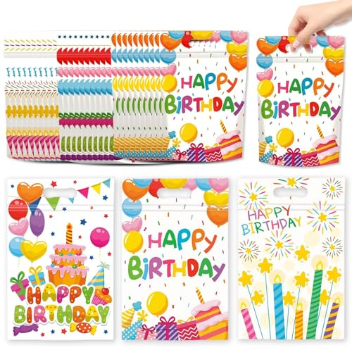 50 bolsas de regalo de cumpleaños, bolsas de regalo | Resellable, 3 diseños mixtos de cumpleaños, para caramelos y repostería, embalaje de regalo