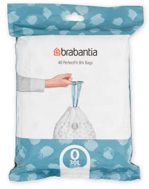 Brabantia PerfectFit Bin Liners (Size O/30 Litre) Thick Plastic Trash Bags with Tie Tape Drawstring Handles (40 Bags)