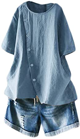 FTCayanz Damen Leinen Bluse Tunika Sommer Kurzarm T-Shirt Elegant Oberteil Grau Blau XL