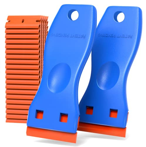 Plastic Razor Blades Scraper Tool - 2 Pack Wall Paint Remover with 100 Pcs Plastic Blades Kit No Scratch Car Window Glass Wood Sticker Removal Floor Stove Kitchen Vinyl Adhesive Decal Tape Cleanings
