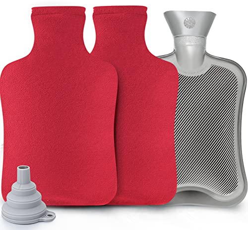 Wärmflasche mit Bezug 2 Liter, Anstore Wärmeflasche Set Weich Wärmflasche Groß Kinder Wärmflaschen für Nacken und Schulter, Bettflasche, Nackenwärmflasche, Rot