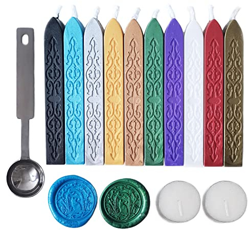 Sealing Wax Sticks with Wick, AMTOL 10 PCS Wax Seal Sticks with 2 Pcs White Candles and 1 Pcs Wax Melting Spoon, for Wedding Invitations,Cards Envelopes and Seal Stamp (10 Colors)