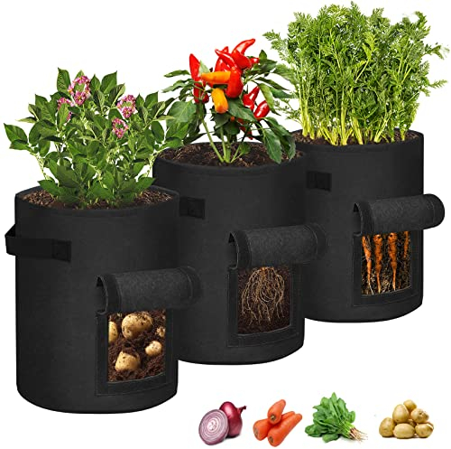 YRHome 3 Stück Pflanztasche Kartoffeln Pflanzen Tasche 10 Gallonen Pflanzsack Kartoffelsack Pflanzbeutel Vliesstoff Tomaten Pflanztopf mit Klettfenster Griffen für Blumen Kartoffeln Pflanzen Schwarz