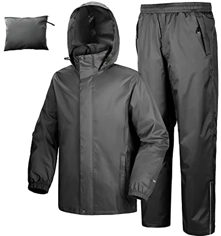 33,000ft Herren Damen Regenanzug Reflektierender Wasserdichter Regenkombi Packbare Winddichte Regenjacke+Regenhose mit Innennetz Regenkleidung für Fischen Wandern Camping, Mittelgrau XL