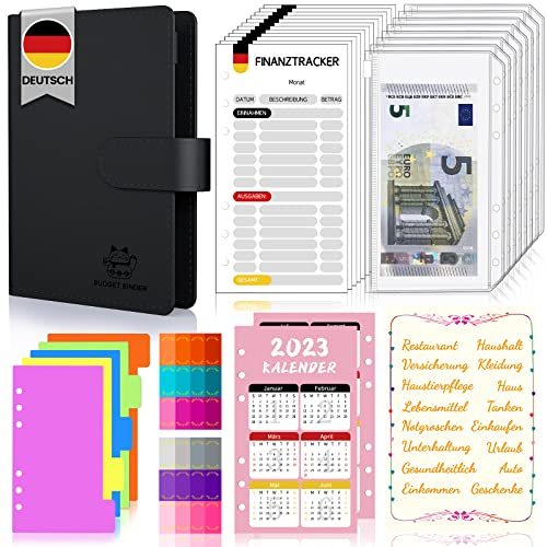 Budget Planner Deutsch Budget Binder A6 - Vollständig Deutsch Design, Bugetplaner mit Folien Deutsch, Finanzplaner, Geld Organizer, Cash Stuffing Deutsch Set, Haushaltsbuch mit Geldfächer (Black)