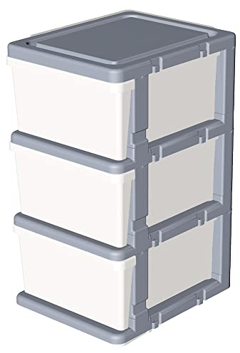 Cetomo Plastic Storage Drawers Unit, Storage Drawer on Locking Wheels, Tower with Interlocking Hooks for Home Office Closet Bedroom Dorm, Detachable, Free Combination, White and Gray, 3 Drawers