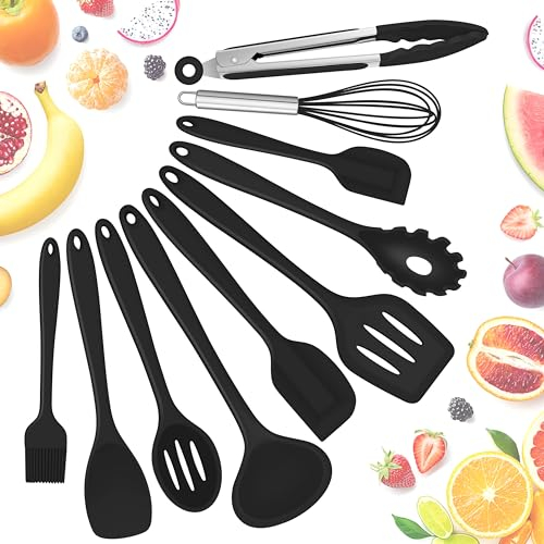 Herogo Set di utensili da cucina, set di 10 utensili da cucina in silicone, set di posate da cucina, spatola da cucina, per cuocere, antigraffio e resistente al calore, atossico e lavabile in