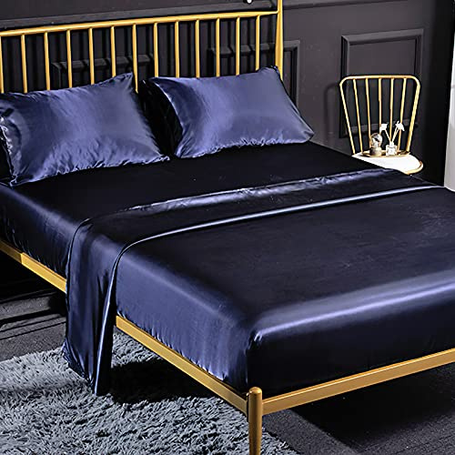 Jemiipee Ensemble 4 Pièces de Draps de Lit en Satin Couleur Unie 1 x Drap Housse 160x200 cm 2 Personnes avec Grand Bonnet de 35 cm, 1 x Drap Plat et 2 x Taie d'oreiller, Bleu Marine