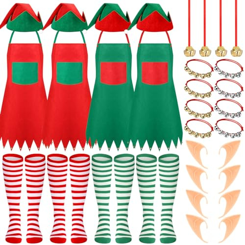 Cutecrop 28 Pcs Christmas Elf Costume Accessories Set Christmas Elf Felt Apron Elf Hat Elf Striped Socks Elf Ears Bell Necklace Bracelet Helper Costume Set for Xmas Party Favor Costume Supplies