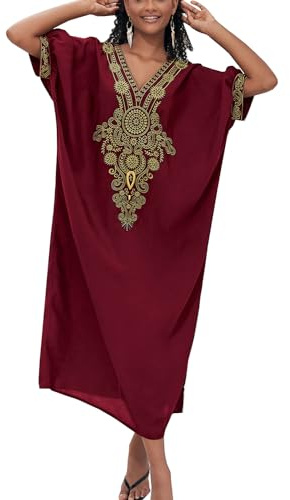 YouKD - Abito caftano ricamato bohémien, copricostume da spiaggia, bikini, vestaglia, abbigliamento da casa plus size per donne, Taglia unica