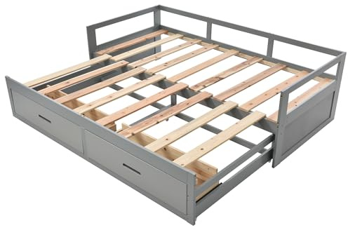 Idemon Sofá cama extensible 90/180 x 200 cm con cajones y somieres, cama de pino con espacio de almacenamiento (gris)