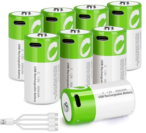 letoom - Baterías C recargables con cable USB 4 en 1, paquete de 8 pilas de litio de tamaño C, LR14 5000 mWh 1.5 V de alimentación de iones de litio para un uso duradero en reflectores