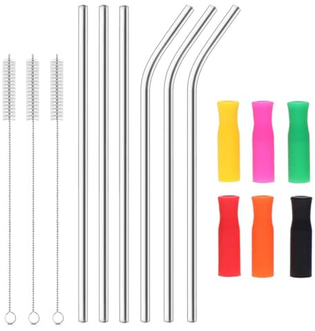 Cannucce Riutilizzabili In Acciaio Inossidabile 15 Pezzi (3 Dritte + 3 Curve), con 3 Spazzole&6 Copertura in Cannuccia in Silicone, Cannucce Metallo per Cocktail, Frullati