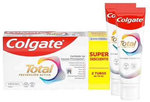 Colgate Total Prevención Activa Original Pasta de Dientes 2x75ml | Combate las causas principales* de los problemas de salud bucodental | 24h de Protección antibacteriana¹ | Clínicamente Probado