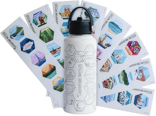 Botella de Aventura Awesome Maps - Adhesivos personalizables para botella de agua, 1 L, de acero inoxidable, sin BPA, a prueba de derrames