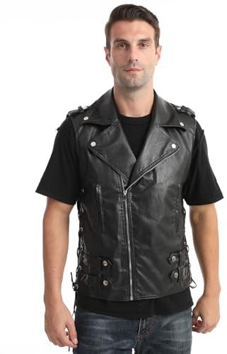 DSDZ Fashion Mens Faux Leather PU Motor Biker Vest Zippers Slim Fit Sleeveless Waistcoat Large