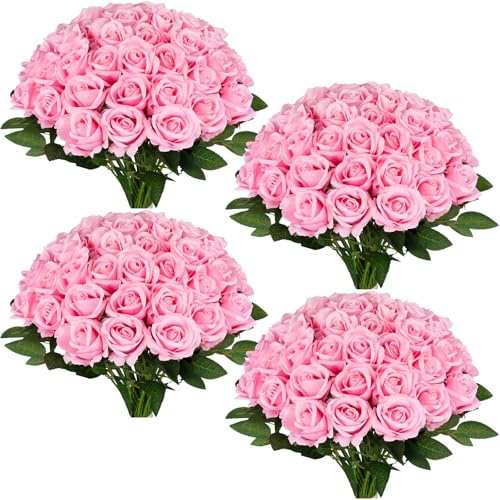 50 Pcs Artificial Pink Rose Bluk Fake Flowers with Long Stem Realistic Silk Roses Bouquet Coffee Table Decor Flower Arrangement for Wedding Centerpieces Home Office Farmhouse Holiday Decorations