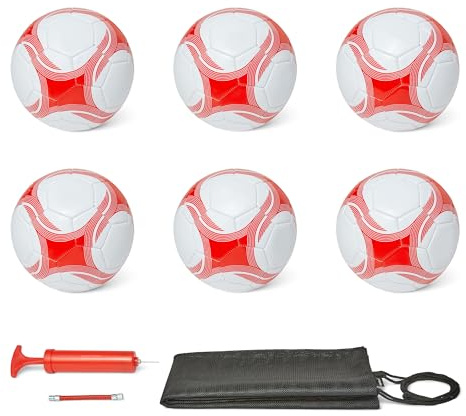 Amazon Basics - Set 6 Palloni Calcio Misura 3 con Pompa e Borsa, Set Palloni Allenamento in PVC, Camera d'Aria in Butile, Palloni da Gioco Cuciti a Macchina per Squadre, Scuole e Campi, Bianco e Rosso