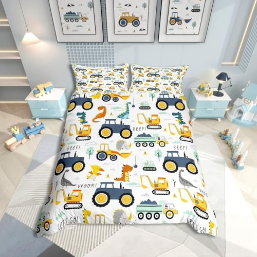 Homewish, set di biancheria da letto per bambini con motivo di auto e dinosauri, in microfibra reversibile, per letto singolo, con 1 federa, per ragazzi e adolescenti, con simpatico motivo di trattori