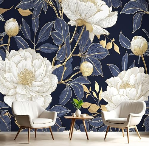 3D Papel Pintado Peonía Metalizada Para Pared – Mural Decorativo Azul Marino Para Dormitorio Y Sala Plantas Barrocas – Póster Fotográfico Papel Tapiz Fotomurales De Pared 200X140Cm