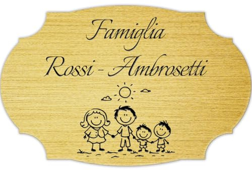 Targa Fuoriporta Personalizzata con Nome e Personaggi Componenti Famiglia in Laminato Dorato, Targhetta per Porta Ingresso, Portone o Cassetta Postale, 14x9 cm, Incisione Laser (Oro Spazzolato)