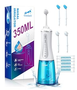 GOLDANT Neti Pot - Kit di risciacquo sinusale da 350 ml con 40 pacchetti di sale per risciacquo nasale, sistema di irrigazione nasale con 5 modalità, 4 ugelli, ricaricabile senza fili, impermeabile